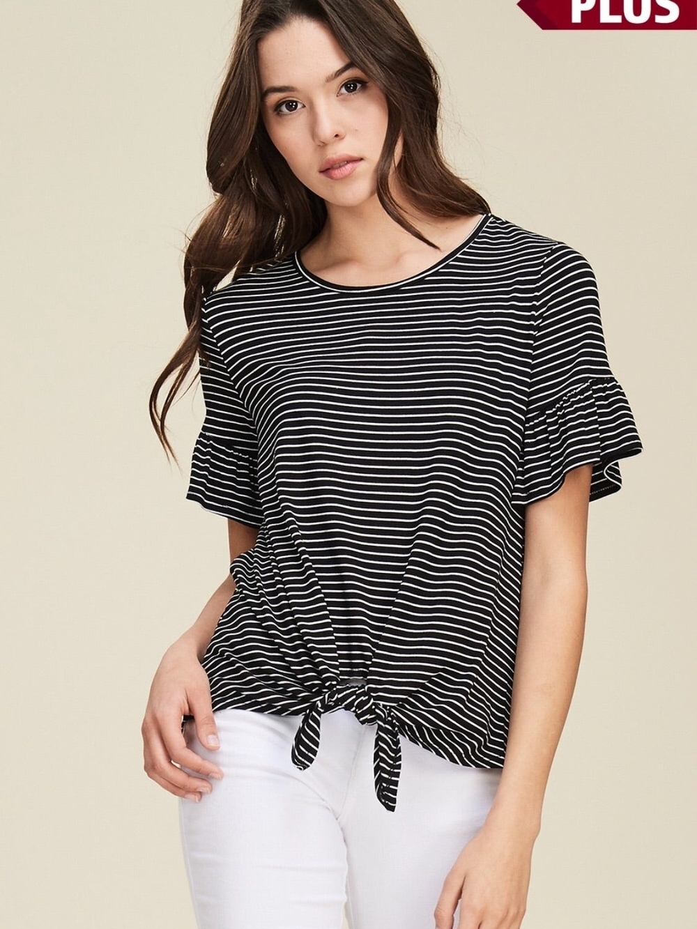 Max Studio Black & White Striped Tie-Front Short Sleeve Top